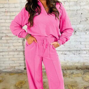 Solid Color Collared Pullover and Central Seam Pants Set